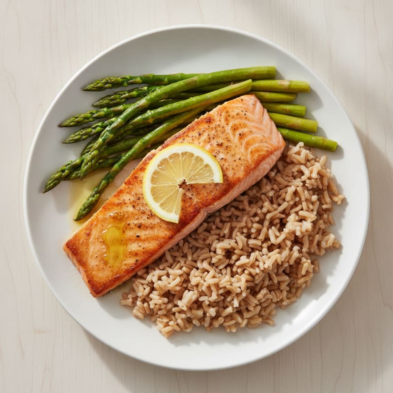 Seared Salmon Fillet with Steamed Asparagus and Brown Rice