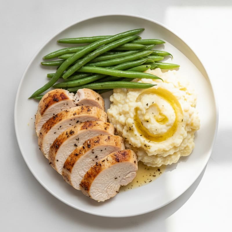 Seared Turkey Breast with Steamed Green Beans and Mashed Cauliflower