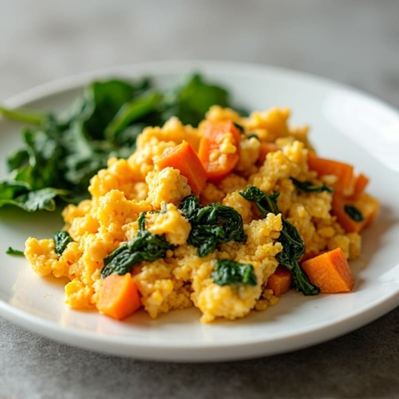 Cottage Cheese Egg Scramble with Roasted Sweet Potato and Spinach