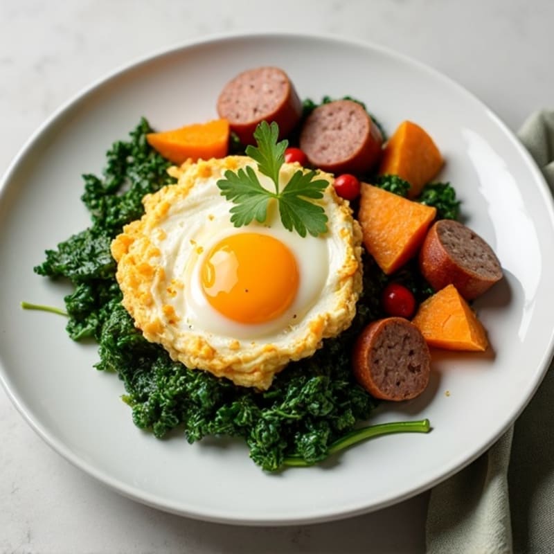 Egg White and Turkey Sausage Scramble with Sautéed Spinach and Sweet Potato