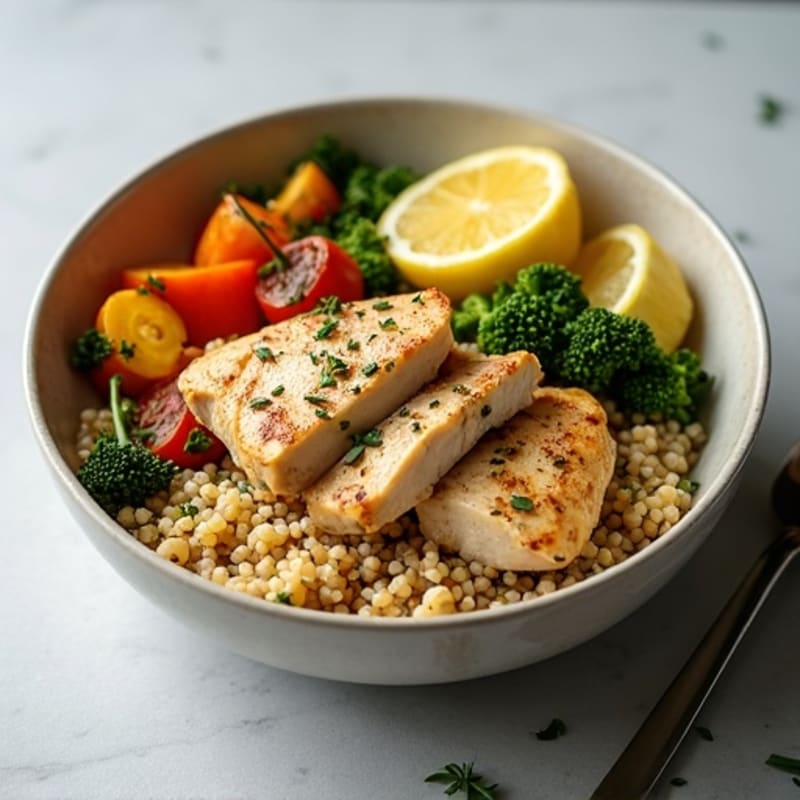 Hearty Lemon-Herb Roasted Chicken Power Bowl with Quinoa and Roasted Vegetables