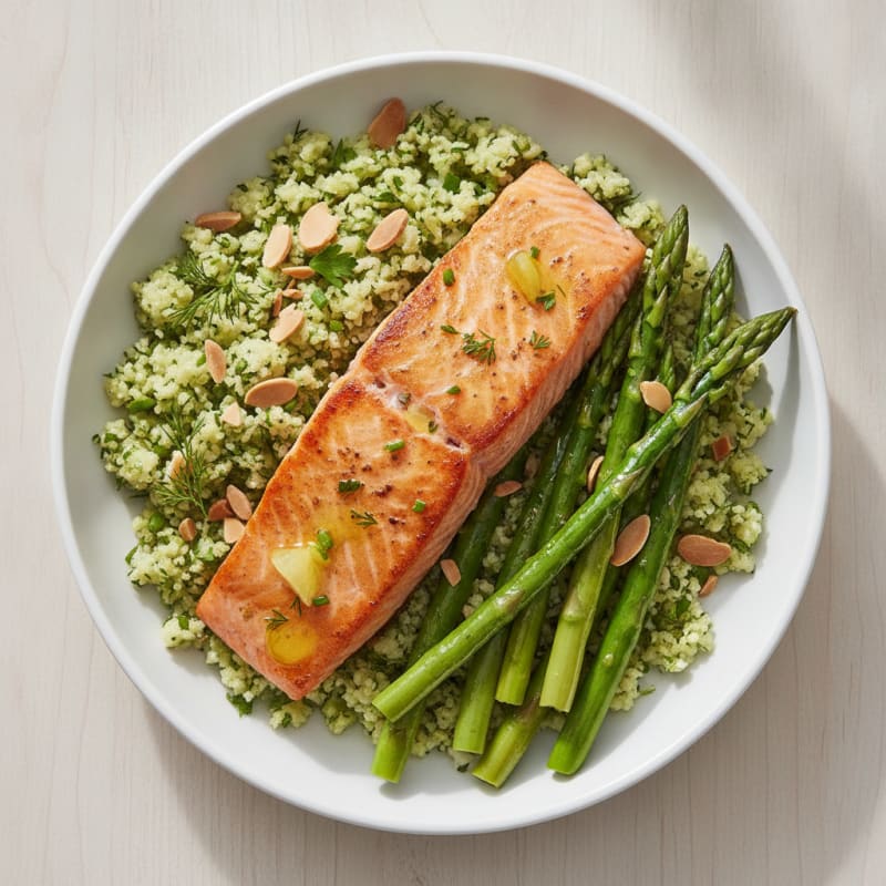 Seared Salmon Fillet with Herbed Cauliflower Rice and Steamed Asparagus
