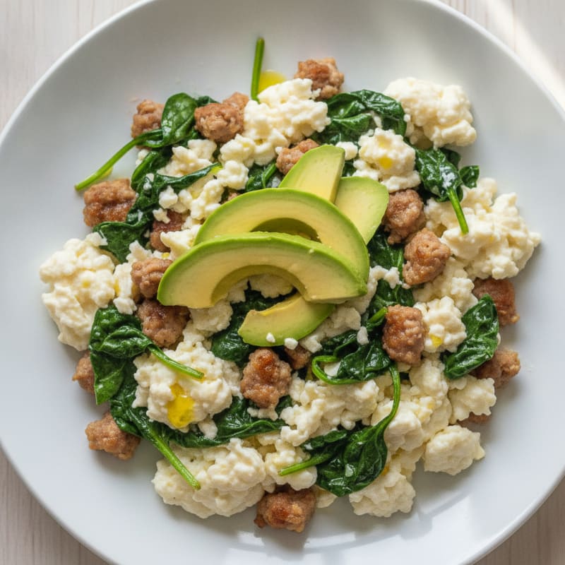 Egg White Scramble with Turkey Sausage and Sautéed Spinach