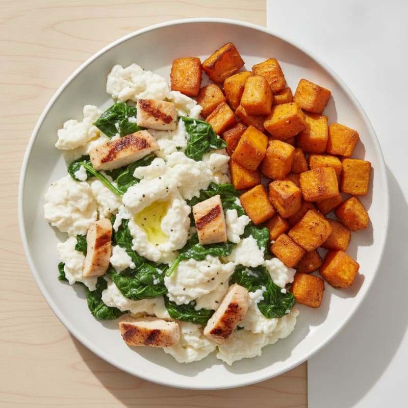 Scrambled Egg Whites with Sautéed Spinach and Grilled Chicken
