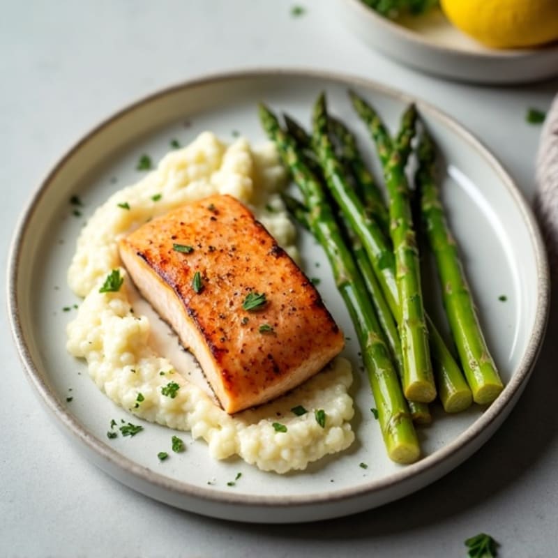 Seared Salmon with Roasted Asparagus and Cauliflower Mash