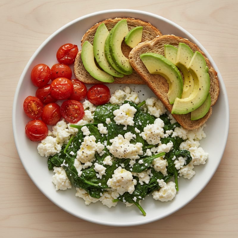 Egg White Spinach Scramble with Cottage Cheese and Cherry Tomatoes