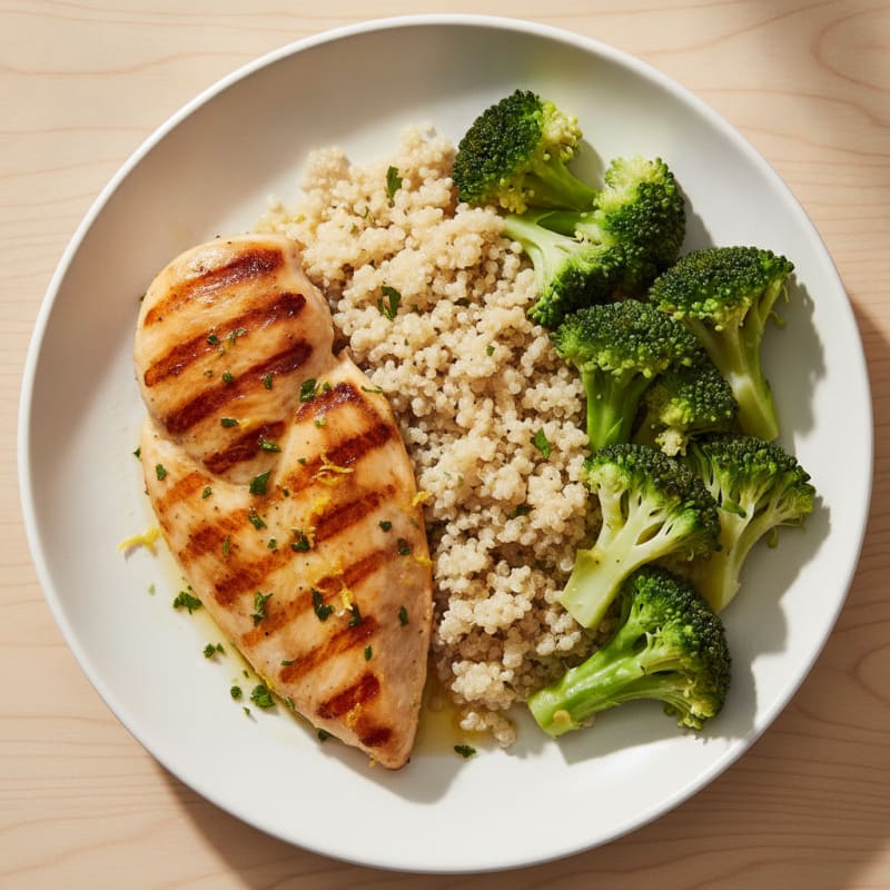 Grilled Chicken Breast with Steamed Broccoli and Quinoa