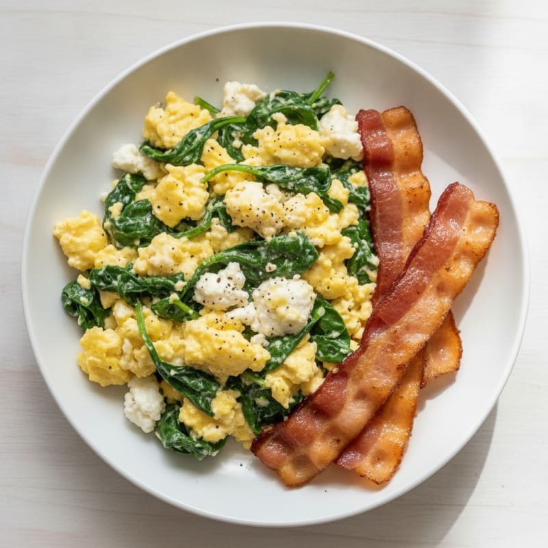 Cottage Cheese Scramble with Spinach and Turkey Bacon