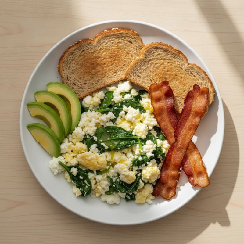Cottage Cheese Scramble with Spinach and Turkey Bacon