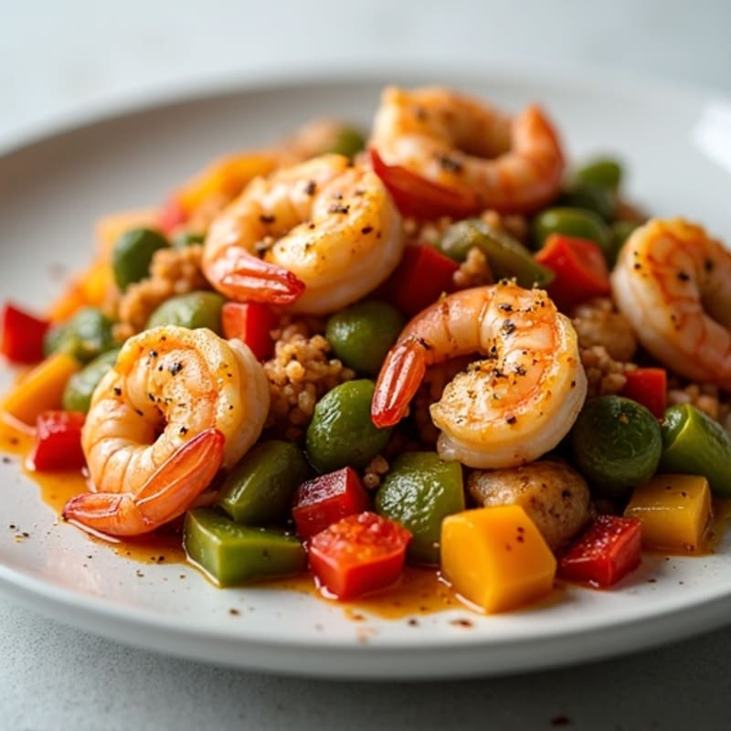 Spicy Hearty Chicken and Shrimp with Bell Peppers and Okra