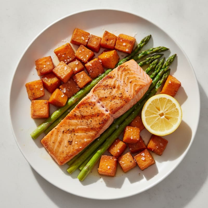 Seared Salmon Fillet with Roasted Sweet Potatoes and Asparagus