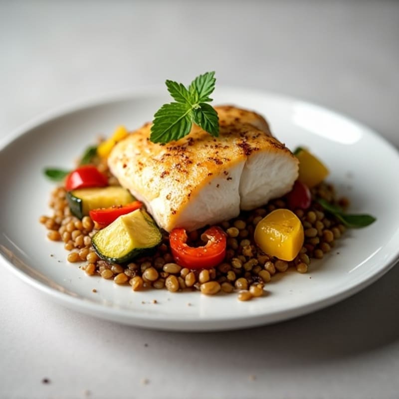 Pan-Seared Fish with Roasted Vegetables and Lentil Puree