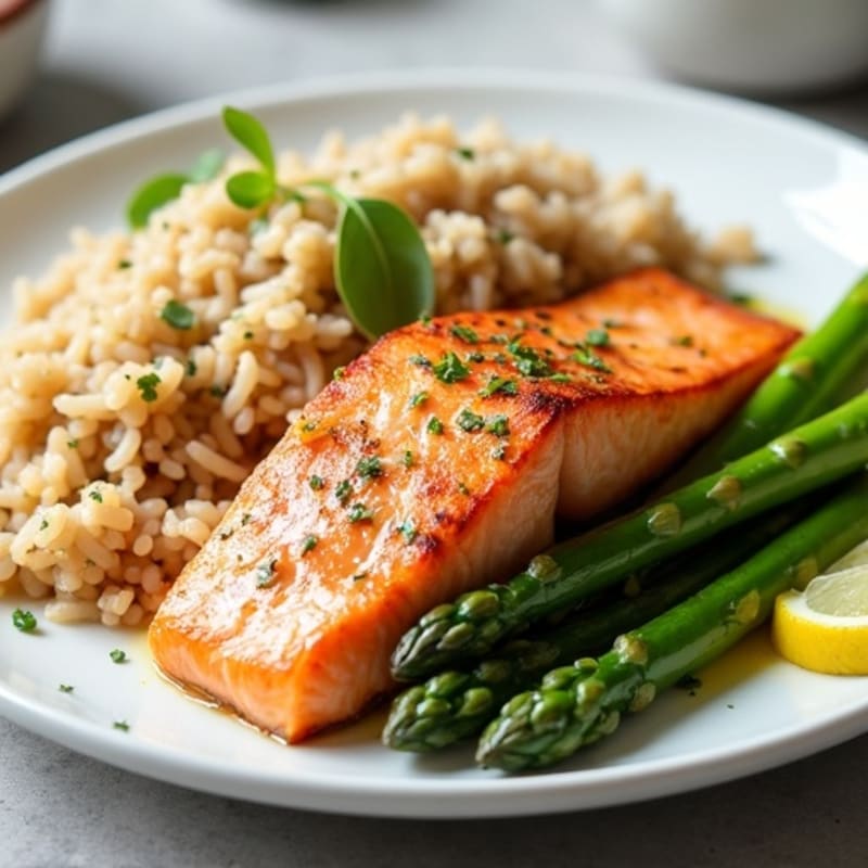 Seared Salmon with Garlic Asparagus and Brown Rice