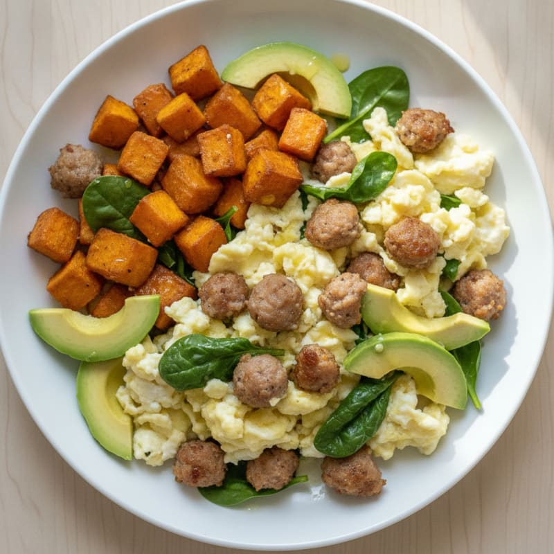 Egg White and Turkey Sausage Scramble with Roasted Sweet Potatoes