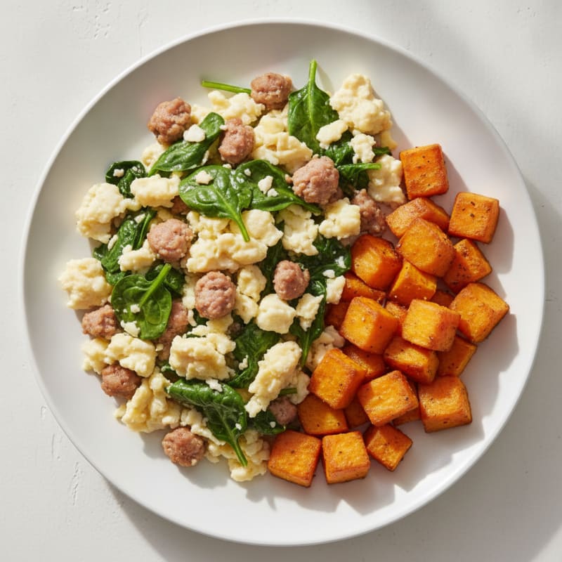 Egg White and Turkey Sausage Scramble with Spinach and Roasted Sweet Potato