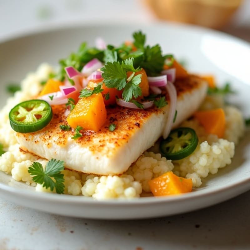 Flaky Pan-Seared Halibut with Fresh Spicy Citrus-Herb Salsa and Creamy Cauliflower Mash