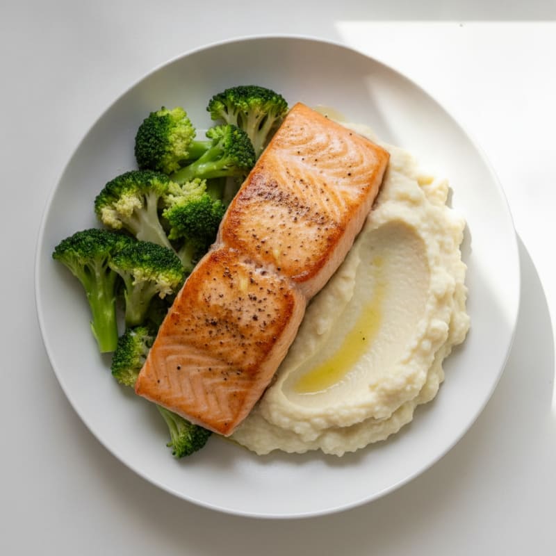 Seared Salmon with Steamed Broccoli and Garlic Cauliflower Mash