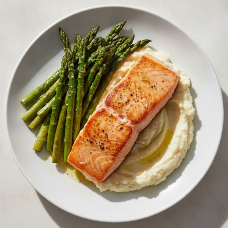 Seared Salmon with Roasted Asparagus and Garlic Mashed Cauliflower