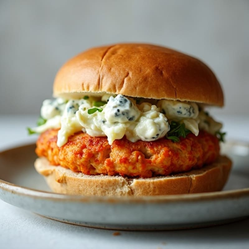 Buffalo Chicken Burgers with Creamy Blue Cheese Slaw