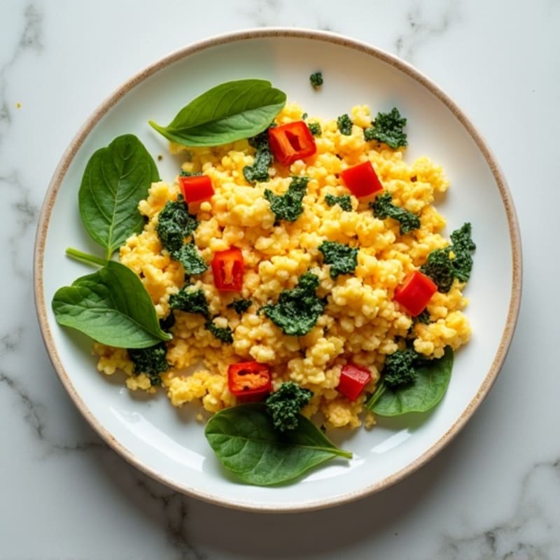 Fluffy Scrambled Eggs with Fresh Spinach and Bell Peppers