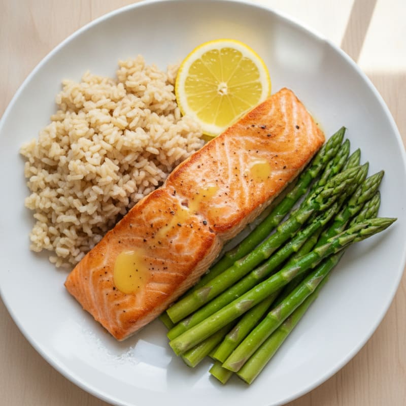 Seared Salmon Fillet with Steamed Asparagus and Brown Rice
