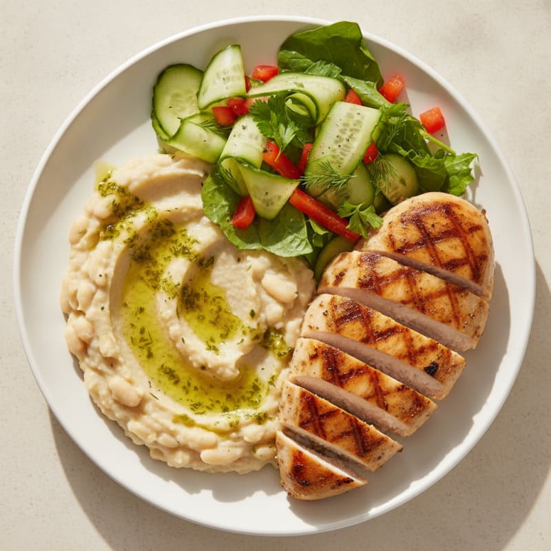 Grilled Chicken Breast with Crisp Veggie Salad and White Bean Mash