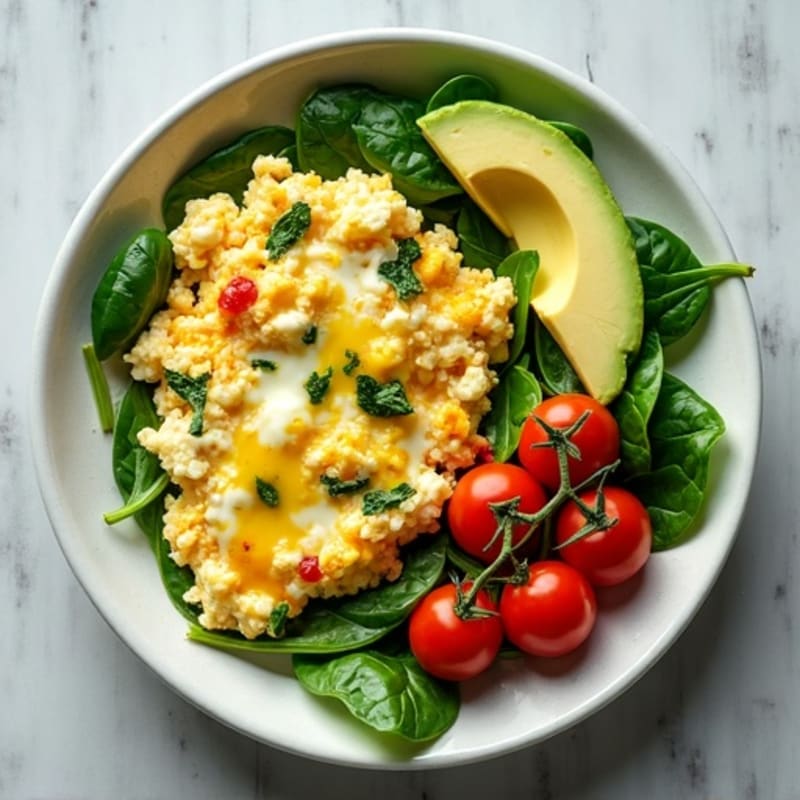 Egg White and Cottage Cheese Scramble with Spinach and Cherry Tomatoes