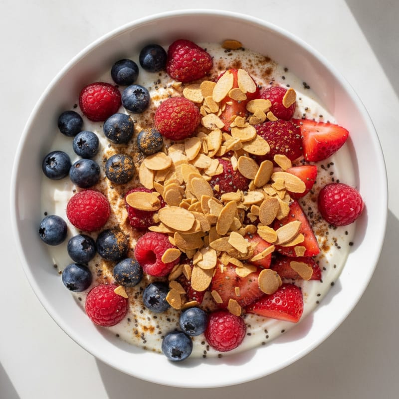 Silky Greek Yogurt Protein Bowl with Mixed Berries and Almonds