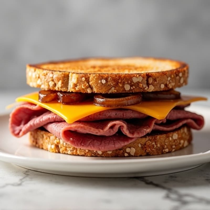 Lean Roast Beef and Sharp Cheddar Sandwich with Caramelized Onions on Toasted Whole Wheat