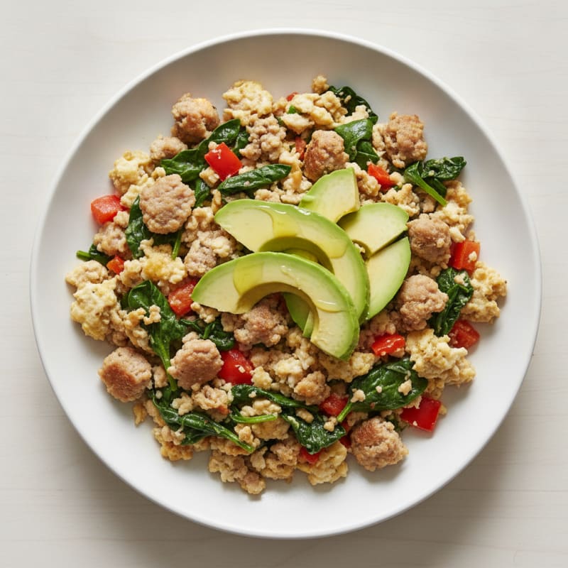 Egg White and Turkey Sausage Scramble with Sautéed Spinach