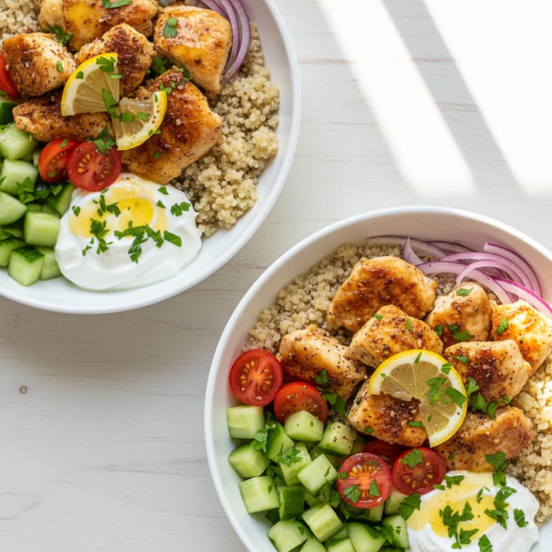 Crispy Lemon-Herb Chicken Shawarma Bowls