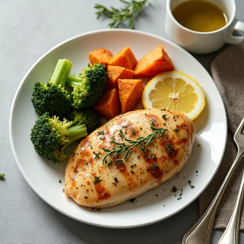 Lemon Herb Roasted Chicken with Crispy Roasted Broccoli and Sweet Potato
