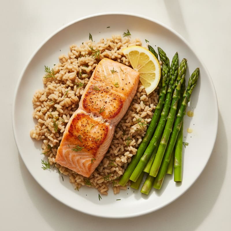 Seared Salmon Fillet with Herbed Brown Rice and Steamed Asparagus