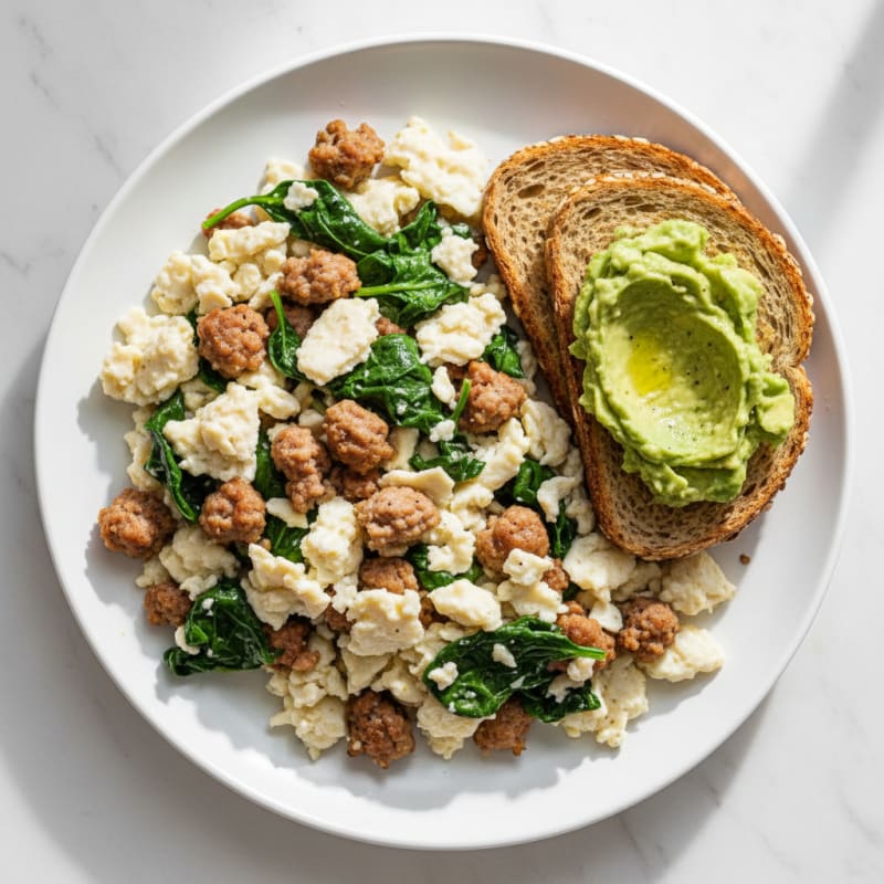 Egg White and Turkey Sausage Scramble with Sautéed Spinach