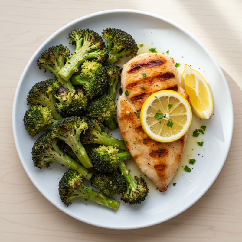Grilled Chicken Breast with Roasted Broccoli and Lemon