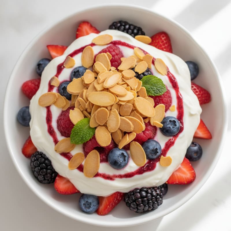 Greek Yogurt Protein Parfait with Mixed Berries and Almonds