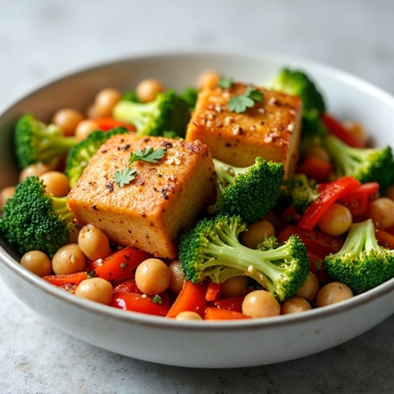Crispy Garlic-Herb Tofu with Roasted Broccoli and Bell Peppers
