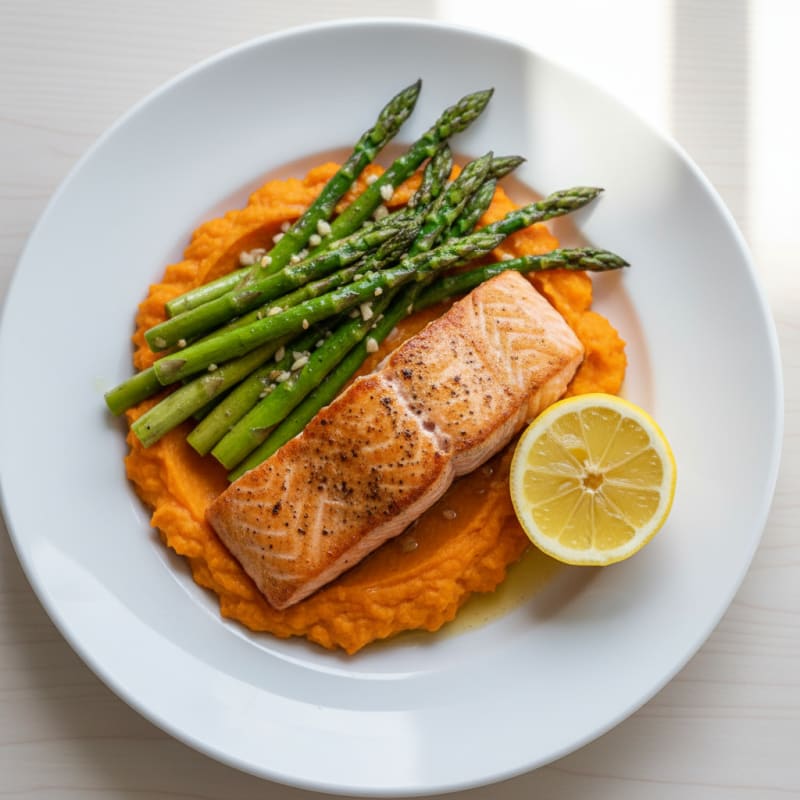 Seared Salmon Fillet with Roasted Asparagus and Sweet Potato Mash