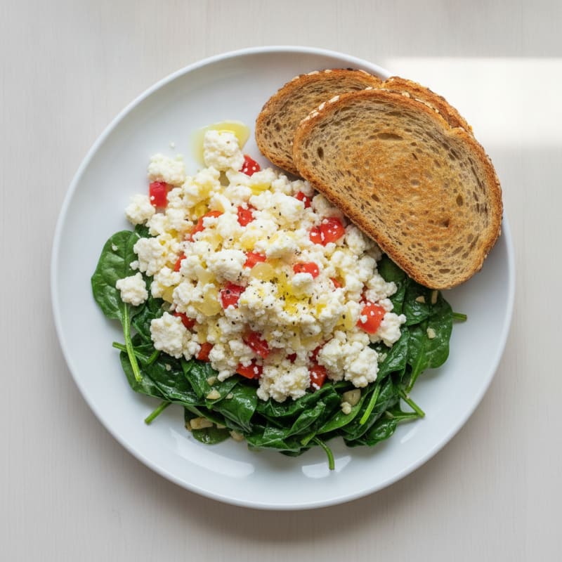 Egg White and Cottage Cheese Veggie Scramble with Sautéed Spinach