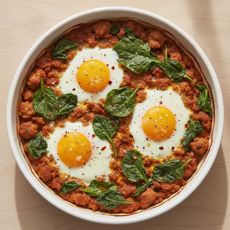 Baked Eggs with Sausage and Spinach