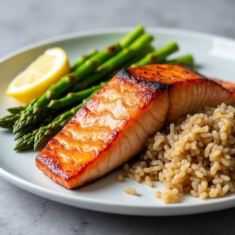 Seared Salmon Filet with Steamed Asparagus and Brown Rice