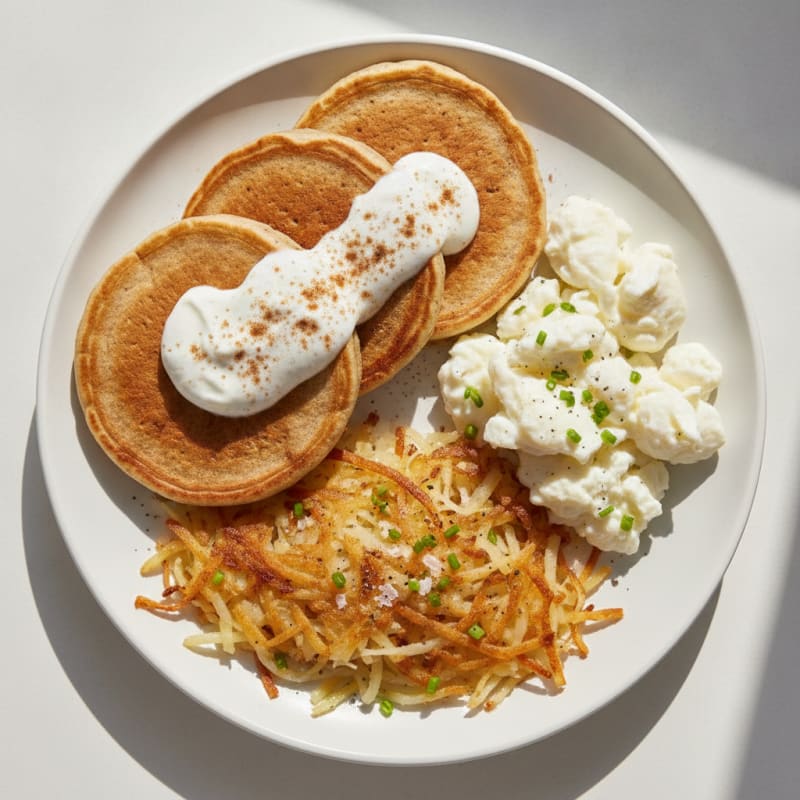 Classic Buttermilk-Style Pancakes with Scrambled Eggs and Hash Browns