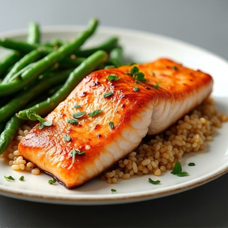 Seared Salmon Fillet with Garlic Green Beans and Brown Rice