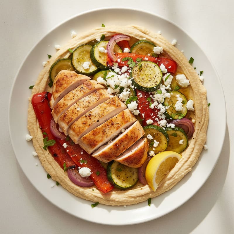 Mediterranean Hummus Platter with Roasted Chicken and Vegetables