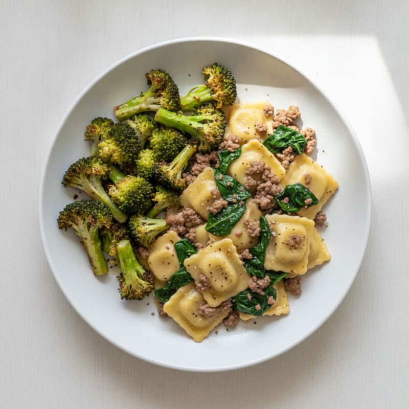 Ground Beef and Ravioli Skillet with Roasted Broccoli