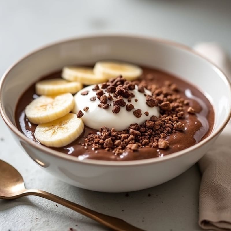 Chocolate Protein Fudgy Bowl with Creamy Greek Yogurt and Crunchy Cacao Nibs