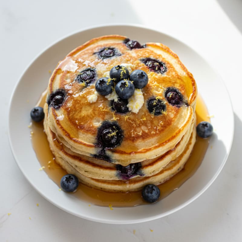 Blueberry Ricotta Pancakes with Maple Syrup