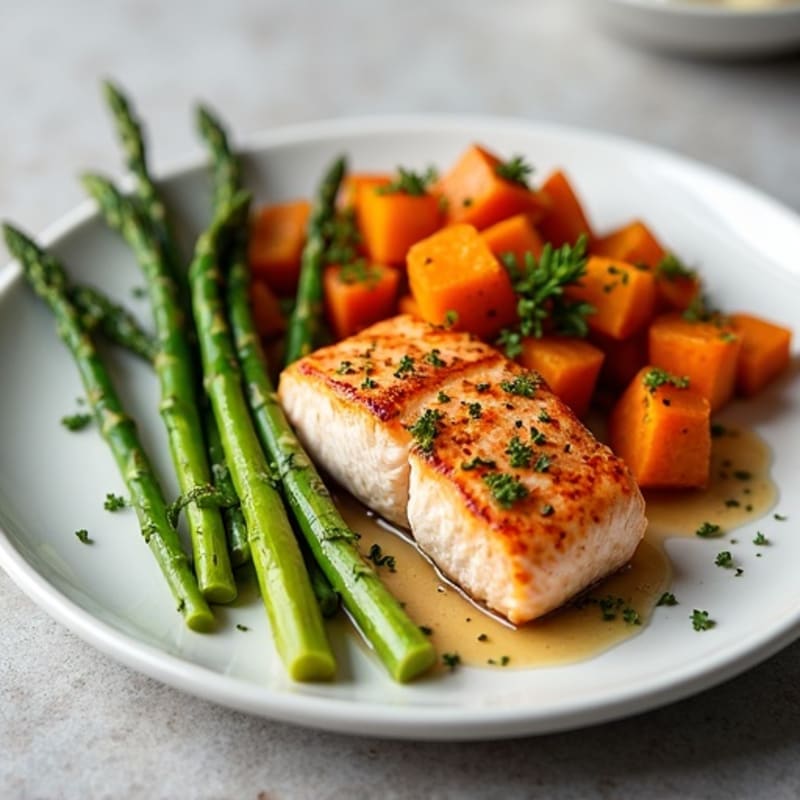 Seared Salmon Fillet with Roasted Sweet Potatoes and Asparagus