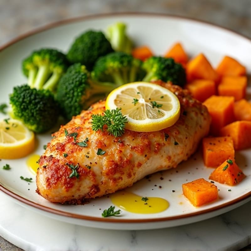 Crispy Lemon Herb Roasted Chicken with Roasted Broccoli and Sweet Potatoes