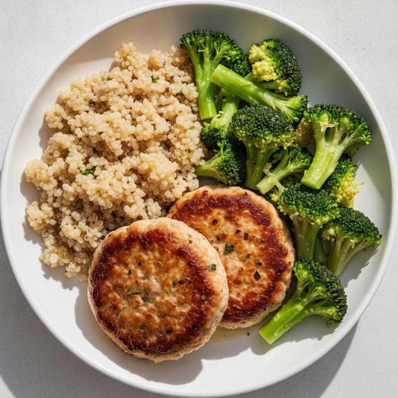 Seared Turkey Patties with Steamed Broccoli and Quinoa